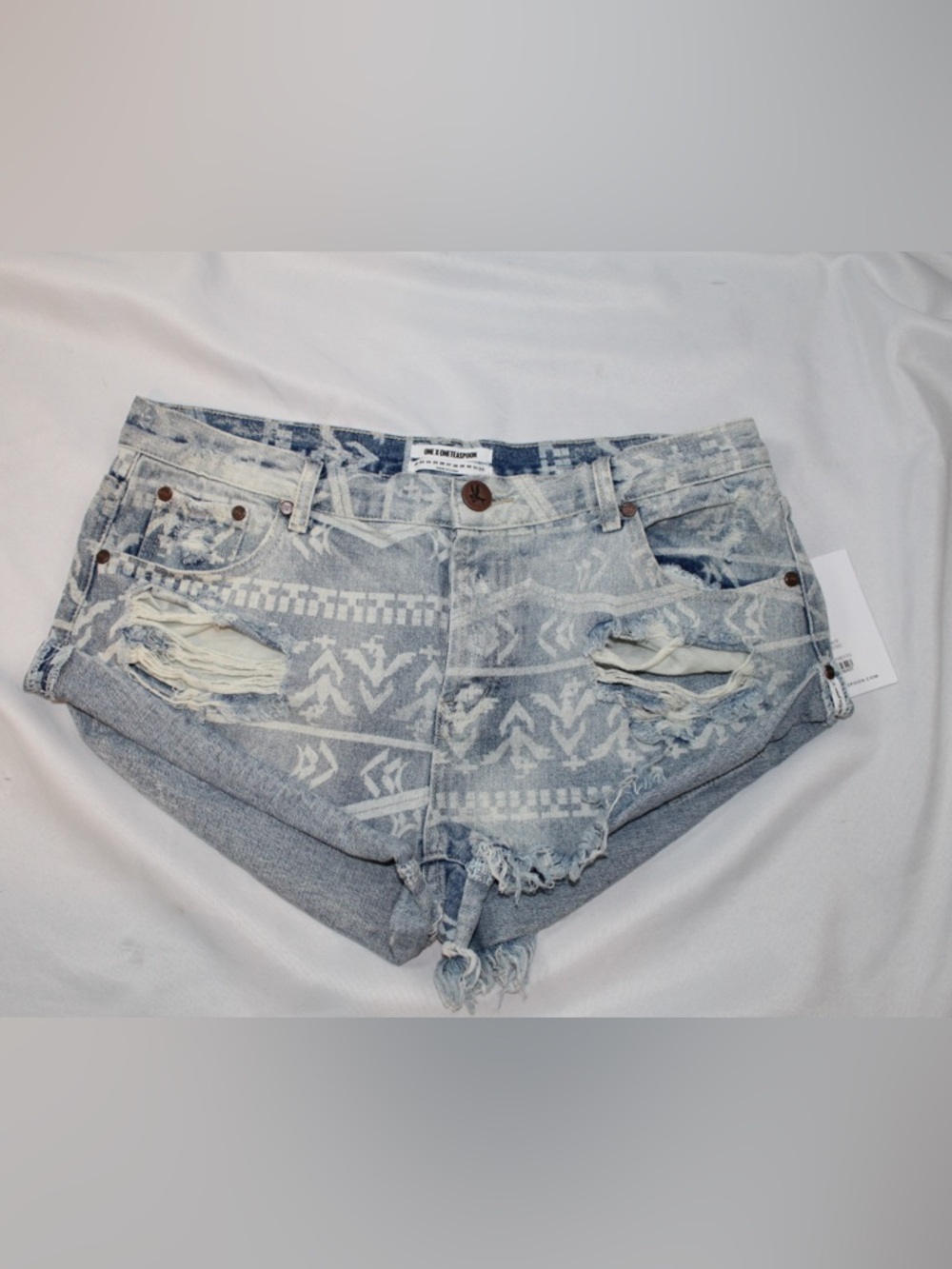 One Teaspoon Light Blue Aztec Print Denim Shorts